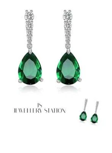 White gold finish Green Emerald And Created diamond Pear cut Droplet earrings - Picture 1 of 3