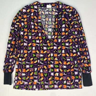 Peaches Women’s XS Scrub Jacket Halloween Fall Ghost Cat Candy Corn Pumpkin - Image 1 of 4