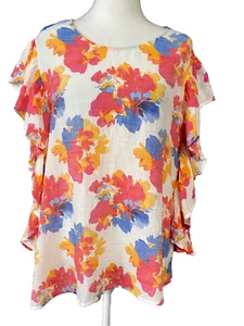 Zac and Rachel Woman Plus Blouse 1X Multicolor Floral Ruffle Sleeve Crinkle Top - Picture 1 of 11