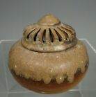 China Chinese Cream & Brown Glaze Pottery Lidded Censer Ca. 19-20Th Century