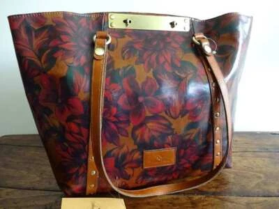 PATRICIA NASH BURGUNDY Red Brown ENGLISH MUMS Benvenuto LG Floral LEATHER TOTE - Image 1 of 4