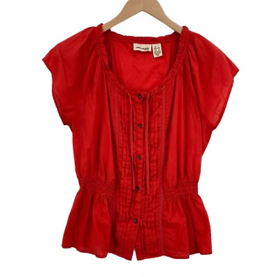 DKNY Blouse Size PP Women's Cotton Cap Sleeve Button Front Pleated Top Red - Image 1 of 4