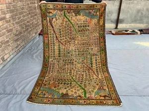 Afghan Tree of Life Rug 3'9x6'5 – Vintage Handmade Wool Pictorial Floral Carpet - Picture 1 of 10
