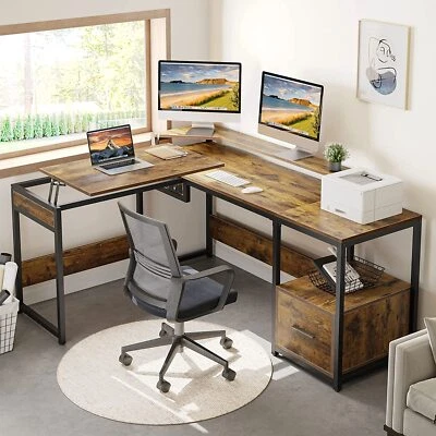 65" L Shaped Computer Desk With Drawer & Power Outlets Lift Top Office Desk - Image 1 of 4
