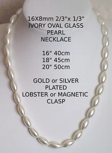 16x8mm2/3"x1/3" OVAL IVORY CREAM glass pearl necklace CHOICE of LENGTHS & CLASPS - Picture 1 of 9