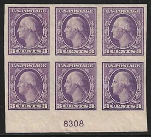 U.S., 1916, Scott #484, 3c Violet, Type II, Plate Block of 6, Imperf, Mint, N.H. - Picture 1 of 1