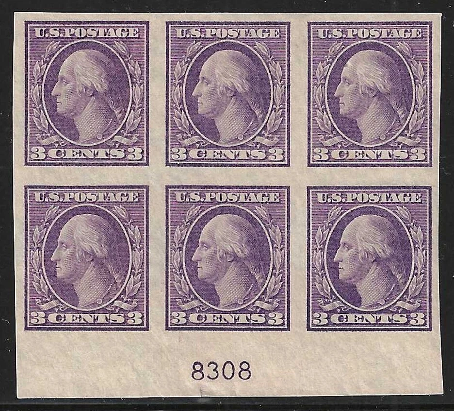 U.S., 1916, Scott #484, 3c Violet, Type II, Plate Block of 6, Imperf, Mint, N.H. - Image 1 of 1