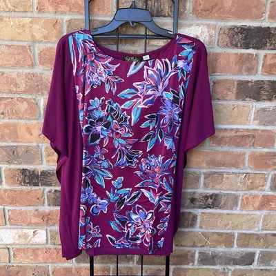 Blusa Bob Mackie Usable Art Top Mujer Grande Malva Floral Jersey Tejido Elástico Foto 1 de 4