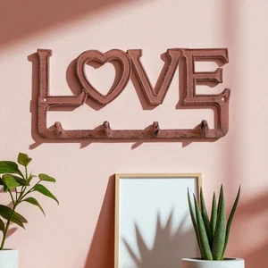 Rustic Cast Iron Love Hook Rack with Heart, Romantic Wall Organizer - Picture 1 of 6