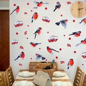Christmas Decals Red Berry Flying Bird Branch Wall Stickers Home Festival Decor - Picture 1 of 10