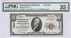 Midland NB Minneapolis, MN $10.00 1929 PMG 35 EPQ Charter 9409 - Picture 1 of 2
