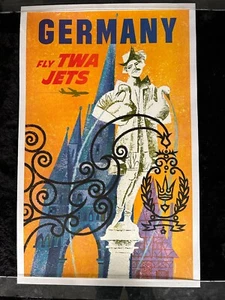 Orig. GERMANY- FLY TWA JETS -1960's Travel Poster David Klein 25x40"Linen Lined - Picture 1 of 9