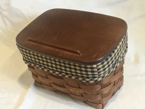 Longaberger Recipe Basket and Lid Rich Brown w/ Khaki Check Liner, Protector Cover