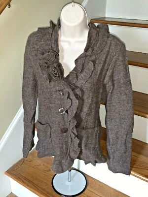SUSAN BRISTOL 100% Wool Chocolate Brown Floral Ruffle Sweater Elegant M ❤️tb3m5 - Image 1 of 4