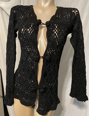 Chaleco Camisa Manga Larga Acetato Ganchillo Negro Vintage Alician Pequeño Foto 1 de 4