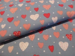 Pink Hearts on Dusty Blue Quilter's Showcase Cotton Fabric BTY - Picture 1 of 4
