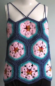 New Handmade Crochet Size L (36 Inches) Blue African Flower Hexagon Blouse Tops - Picture 1 of 4