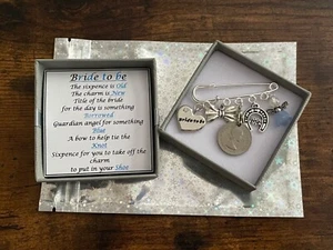 Bride To Be Something Old New Borrowed Blue Garter Bouquet Pin Charm Angel Boxed - Picture 1 of 10