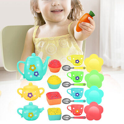 Kids Plastic Tea Toys Set Children Pretend Play Role Teapot Cups Saucers Bowl • 6.99£