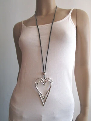 Modekette Bettelkette Damen Hals Kette Leder Lagenlook lang XL Silber Herz q541m - Bild 1 von 4