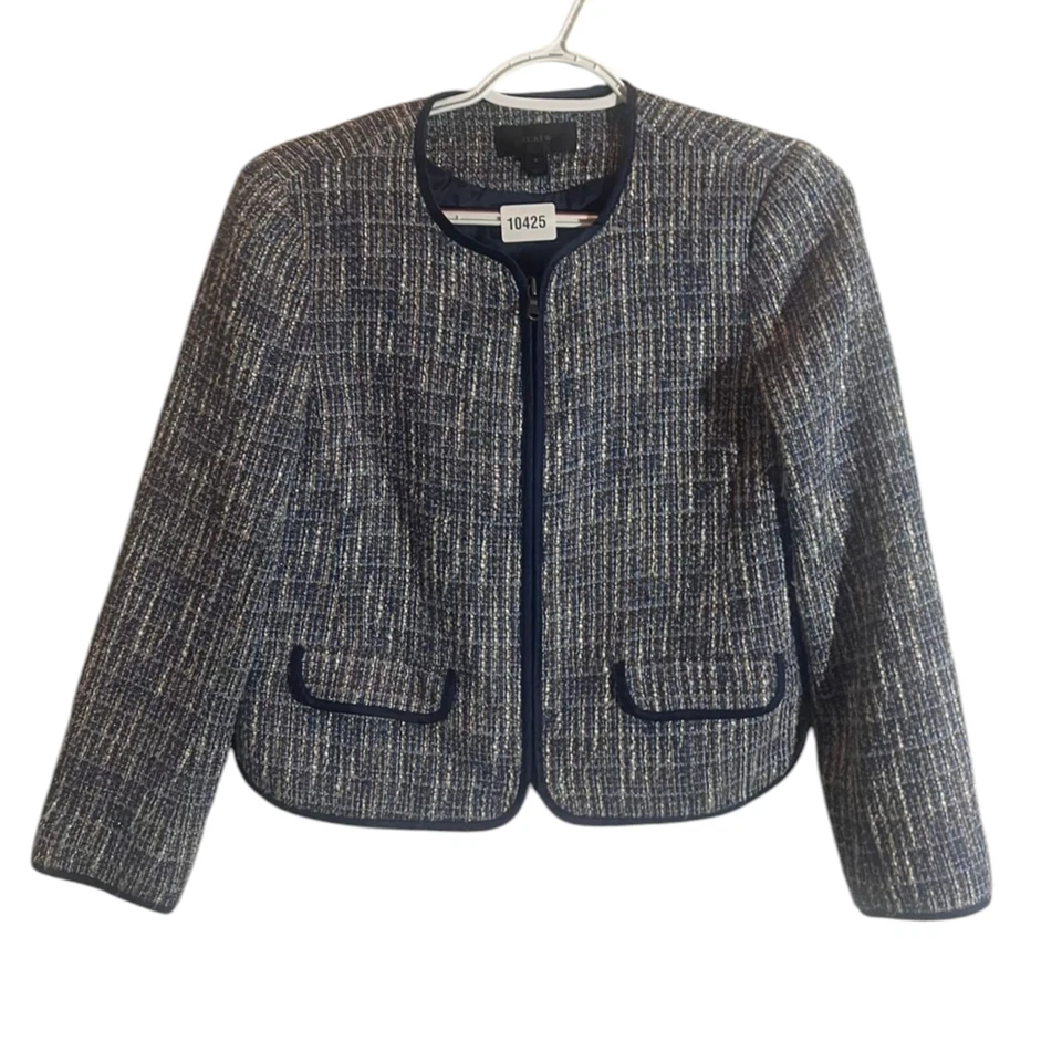 J. Blazer CREW Tweed Flecos Recortados Cremallera Completa Informal Empresarial Chaqueta Para Mujer Talla 0 Foto 1 de 4
