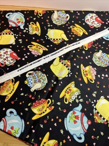 Vintage 1994 Mary Engelbreit Tea Pots Black Cotton 1-2/3 Yds Cherries - Picture 1 of 2