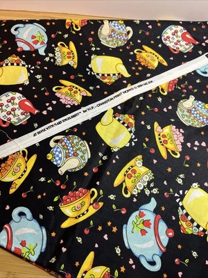 Vintage 1994 Mary Engelbreit Tea Pots Black Cotton 1-2/3 Yds Cherries - Image 1 of 2