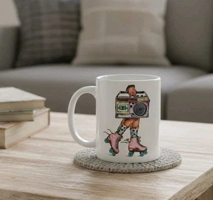 ​Retro Roller Skates Boombox Mug 80s 90s Music Ceramic Coffee Cup (CHIPPED BASE) - Picture 1 of 8