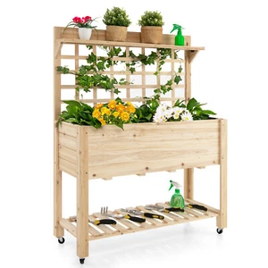 Raised Garden Bed Mobile Elevated Wooden Planter Box w/ Wheels Trellis Shelf - Picture 1 of 10