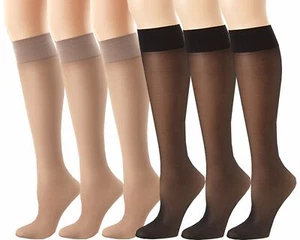 6 Pairs Sheer Women Knee High Stockings With Reinforced Toe 20D Nylon Socks - Picture 1 of 4
