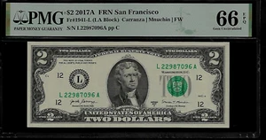 US 2 Dollars 2017A PMG 66 EPQ UNC Fr #1941-L FRN San Francisco Carranza/Mnuchin - Picture 1 of 2