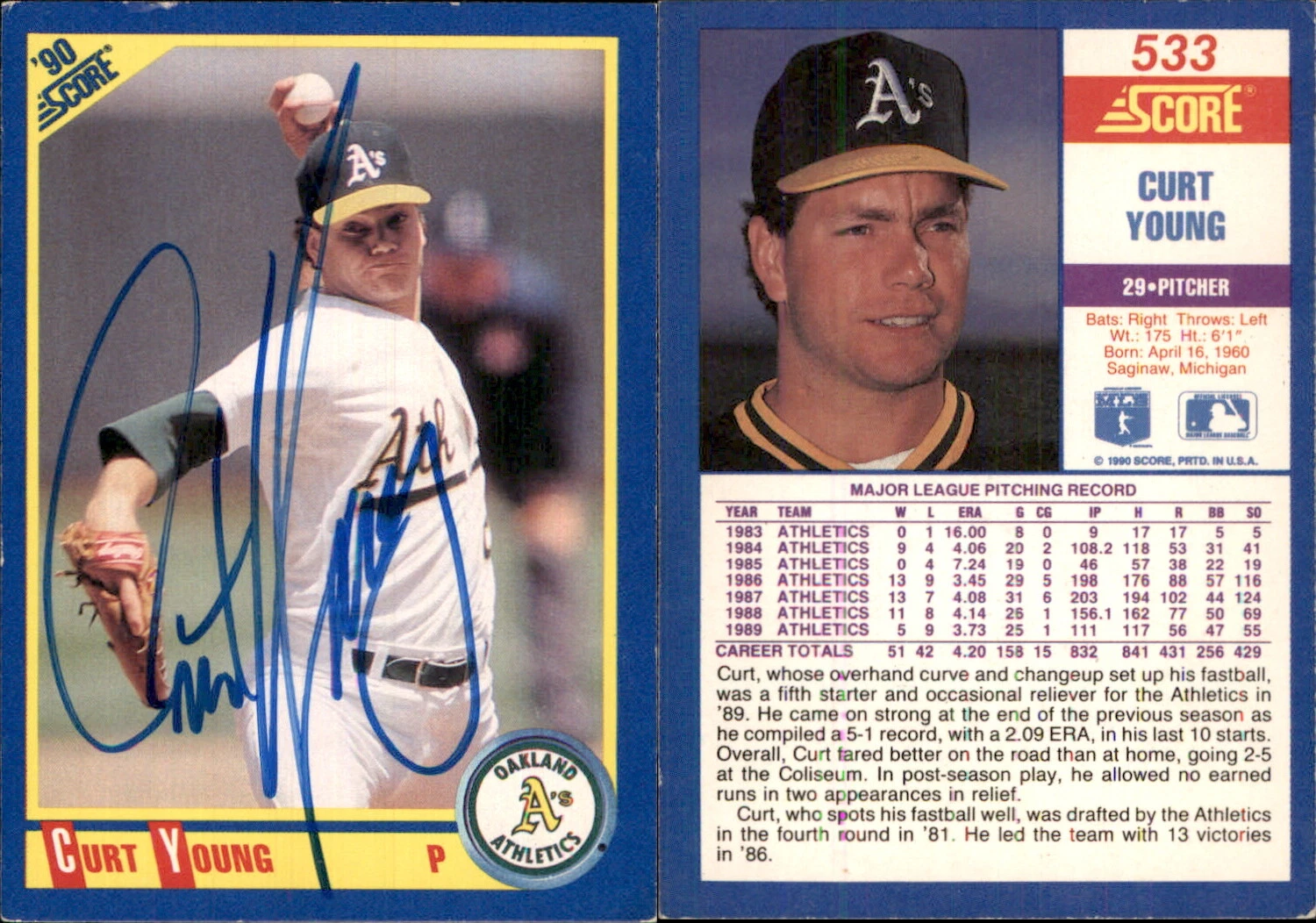 Curt Young Signed 1990 Score #533 Card Oakland Athletics Auto AU