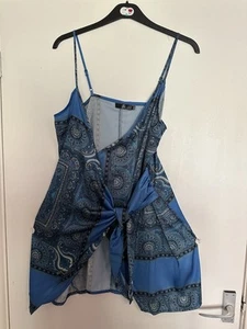 Ladies Wrap Tunic Blouse Blue Abstract Tie Front Adj Straps Sz 12 Unique Piece - Picture 1 of 8