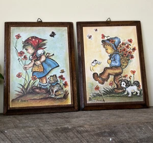 Vintage 2 Prints On Wood Boy Girl Artist T. Jones Hummel Style Floral 9.5”x7” - Picture 1 of 8