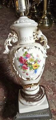 French Colonial Antique Painted Ceramic Floral Table Lamp - Art Deco Vintage - Image 1 of 4