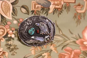 Vintage S.S.I Native American Eagle Belt Buckle Silver Coral And Turquoise New!! - Picture 1 of 4