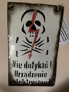 Vintage Polish Skull & Crossbones Danger Electricity Enamel Sign 10 x 6 Inches - Picture 1 of 3