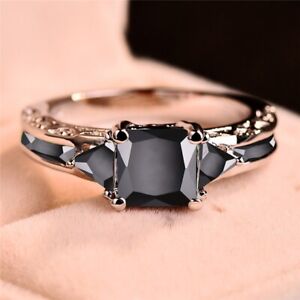 Fashion Women 18K White Gold Princess Cut Black Sapphire Party Ring Jewelry Gift