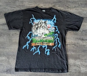 Vintage USA Thunder Free Spirit 2x Sided Wolf Lightning Bolt T-Shirt Size Large - Picture 1 of 9