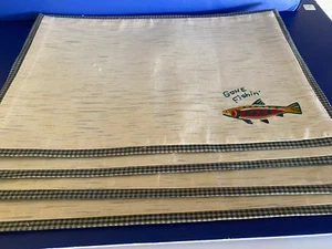 4 Cotton Placemats Wood River Reverable Check & Gone Fishing 19" x 13" - Picture 1 of 7