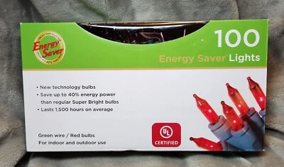 NEW! 100 Holiday Time Red Mini Lights With Green Wire Lighted 26 Ft - Image 1 of 2