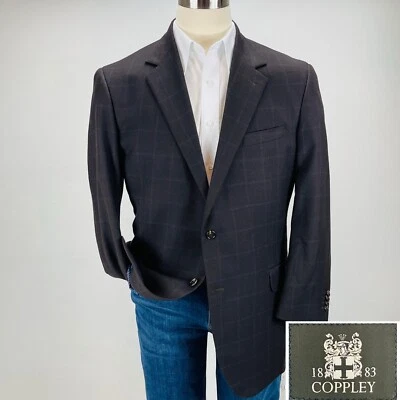 Coppley Sport Coat Blazer Wool Mens 45R Brown Windowpane Check Suit Jacket - Image 1 of 4