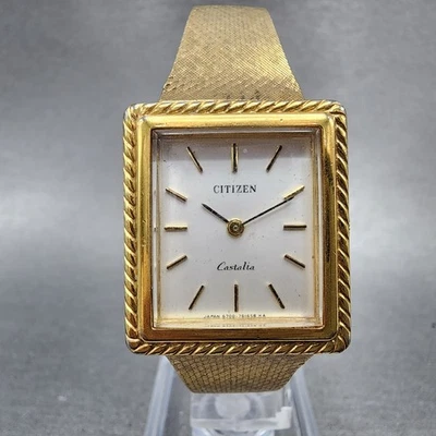 Citizen Castalia Tank Watch Women 24mm White Dial Gold Tone Rectangle Runs - Image 1 of 4