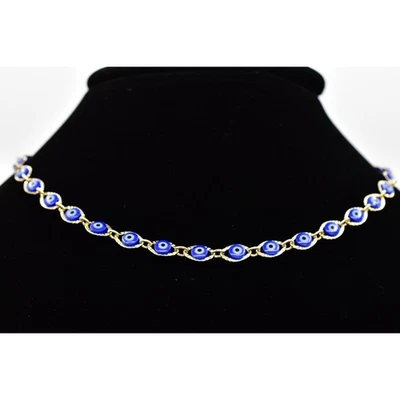 Evil Eye Choker 项链 项链 蓝色 白色 边框 链接 金色 Bin7B — 第 1/4 张图片
