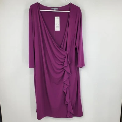 NWT NY Collection Dark Purple Faux Wrap Gathered Ruffle Side 3/4 Sleeve Dress 3X - Image 1 of 4