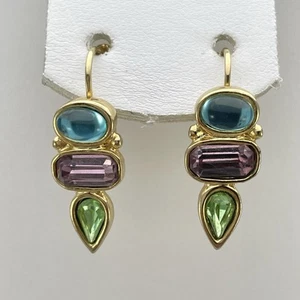 Vintage Premier Designs Gold Tone Blue Purple Green Glass Rhinestone Earrings - Picture 1 of 9