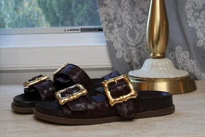 Schutz - Leather Buckle Slide Sandals - Enola Woven - Dark Chocolate - 6B - Picture 1 of 8