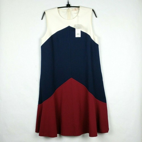 NUOVO abito Tory Burch XS Willa rosso blu colorblock trapezio senza maniche