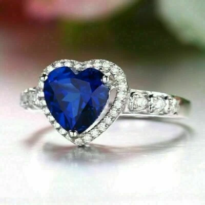 14K White Gold Over 1.8Ct Heart Cut Simulated Blue Sapphire Engagement Halo Ring - Image 1 of 4