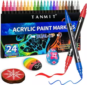 24 Colors Acrylic Paint Pens, Dual Tip Acrylic Paint Markers with Brush Tip and - Picture 1 of 12
